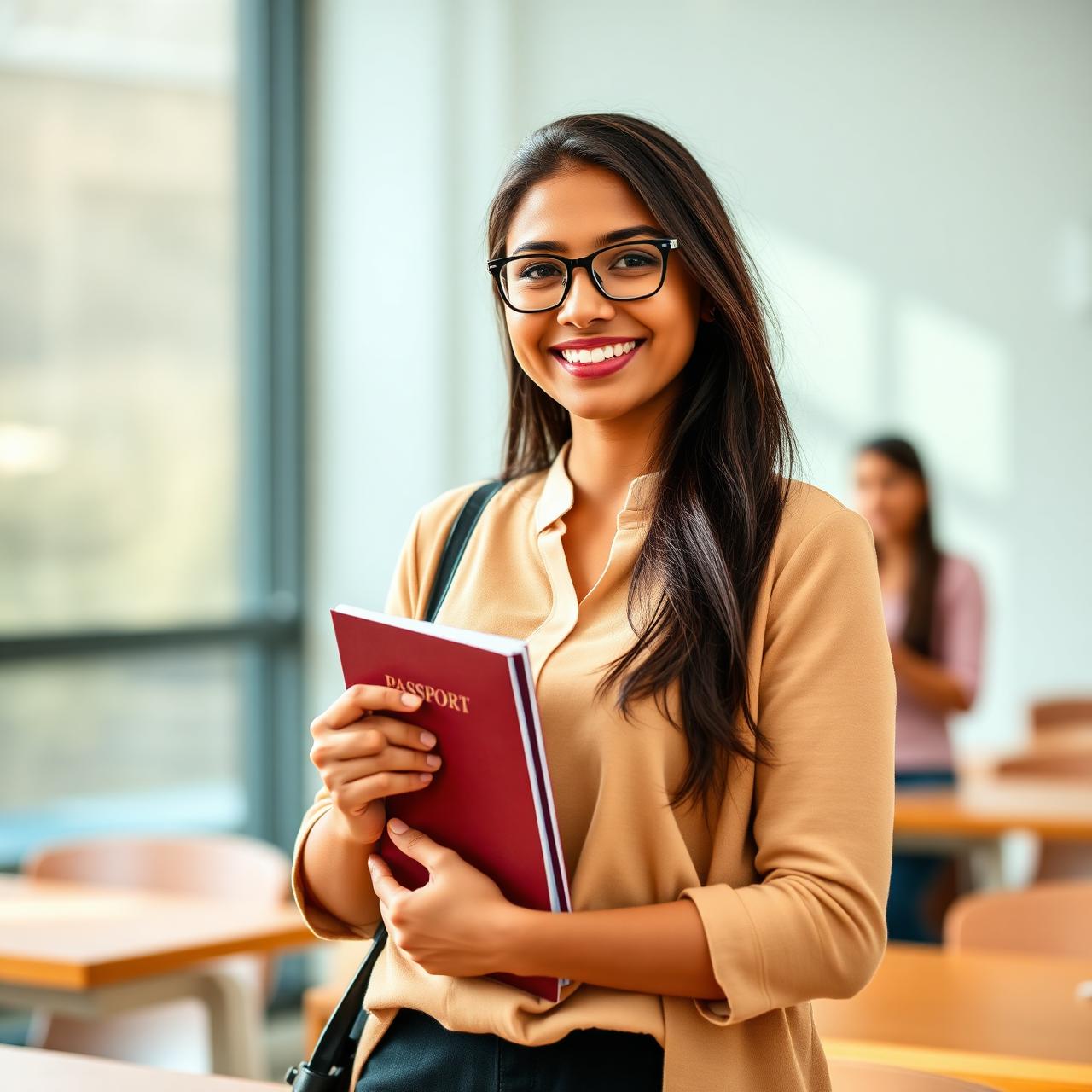 Confident IELTS student holding a passport in a modern classroom
